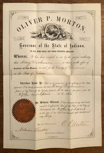 E3712: 1866 Oliver P Morton SIGNED Governor Document, Lincoln - Bild 1 von 1