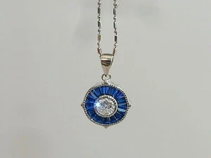 Ladies Art Deco Style Sterling 925 Silver Blue and White Sapphire Target Pendant - Picture 1 of 12