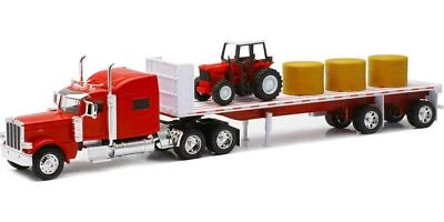Peterbilt 389 Flatbed Truck with Farm Tractor and Hay Bales Long Haul Trucker - Image 1 of 4