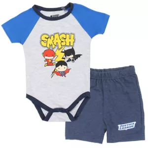 DC Comics ☆ Juego de 2 piezas enredaderas y pantalones cortos de la Liga de la Justicia para bebés SMASH ☆ 0-9 M - Imagen 1 de 1