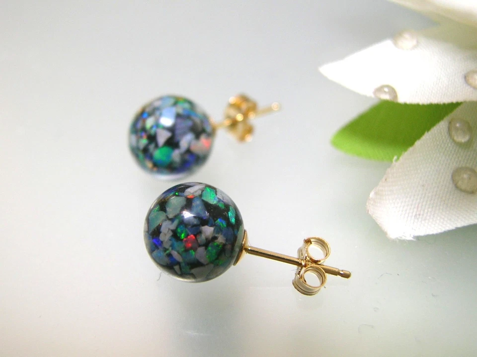 Pendiente Multi Ardiente Vintage Ópalo Australiano 8 mm Bola Redonda Oro 14k EE. UU. Foto 1 de 1