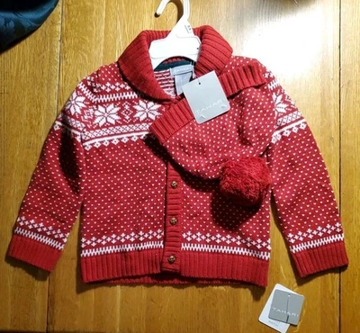 Tahari Fair Isles Niños 24 Mos Rojo Navidad Botón Copo de Nieve Cárdigan y Sombrero Conjunto Foto 1 de 4
