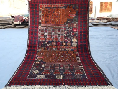 Alfombra vintage de animales león afgano 3x4 - Alfombra tribal ilustrada arte popular - azul marino profundo Foto 1 de 4