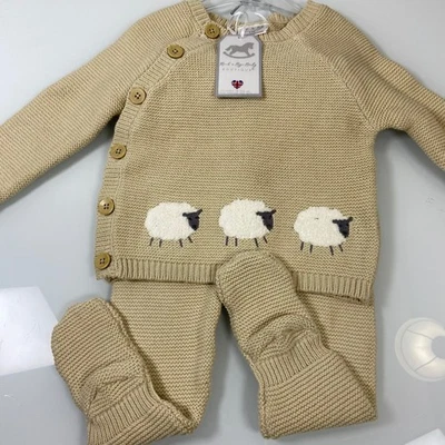 Rock a Bye Baby Boutique Knit Sweater Pants Set Sheep 6 9M Neutral Beige - Image 1 of 4