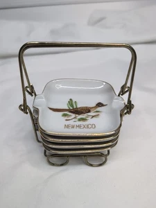 Set of 4 Vintage Stacking Personal Ashtrays with Holder New Mexico Roadrunners - Picture 1 of 9