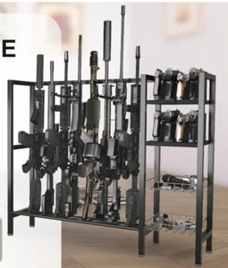 Metal Gun Rack with 2 Shelves Storeage & Display 8 Rifles & 8 Handguns Safe Room - Picture 1 of 7