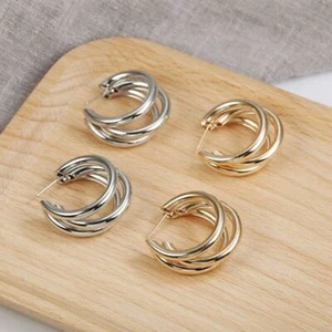 Triple 30mm Hoop Earrings Gold Silver Round Chunky Style Fashion Jewellery - Picture 1 of 15