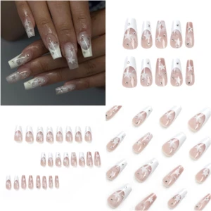 24pcs French Fake Nail Short Coffin Press On Nails False Nails With Rhinestones - Picture 1 of 10