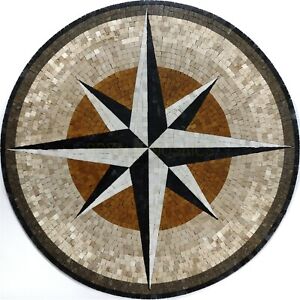 Nautical Compass Marble Mosaic Tile Medallion Handmade Star Navigation Design 