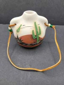 Vintage Canteen Pottery Leather Strap Native American Signed Saquaro 1976 - Picture 1 of 9