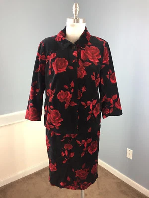 Talbots 6 8 Negro Rojo Floral Terciopelo Falda Traje Carrera Cóctel Excelente Algodón Foto 1 de 4