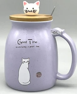 Purple Spotty Ceramic Cat Mug w/Spoon Lid & Kitty Finial Fish Handle "Good Time" - Picture 1 of 12