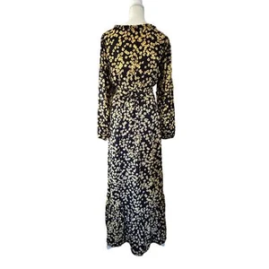 Black Maxi Flowy Dress Yellow Flowers Elastic Waist Tie Back Bow Ruffle Neck M - Picture 1 of 5