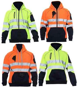 UK Hi Viz 3 Zip Zipper Work Wear Jacket Hoodie Hi Visibility Fleece Sweatshirt - Picture 1 of 7