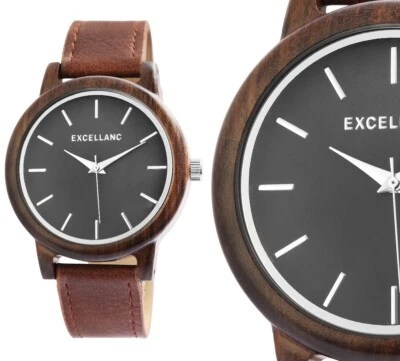 Herrenuhr Armbanduhr Holz Schwarz Braun Silber Kunstleder 1900243 Excellanc - Bild 1 von 4
