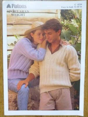 PATONS 4216-ARAN ADULT UNISEX HUNTERS RIB SWEATERS 32-44" KNITTING PATTERN - Image 1 of 2