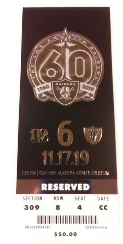 2019 Oakland Raiders Cincinnati Bengals NFL Football Full Ticket Stub Cover