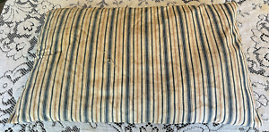 Vintage Antique Feather Pillow Brown Blue Striped Ticking Grunge Farmhouse 27x16