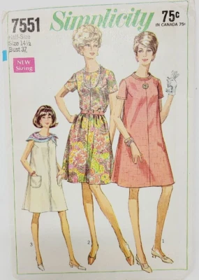 Simplicity 7551 Misses Tent Dress sewing pattern sz 14 1/2 Vintage 60's - Image 1 of 3