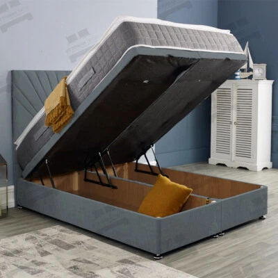 RICHMOND BEDS Velvet Ottoman Storage Divan Bed Base with Sunrise Headboard 11 Colours 5 Sizes