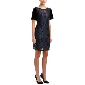 T Tahari Blau Metallic Spitze Samt Kleid Etui U-Boot Ausschnitt Größe Medium - Bild 1 von 7