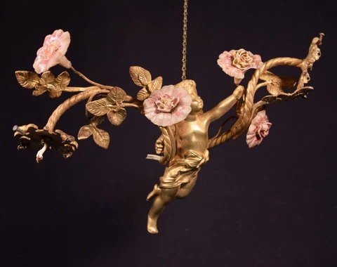 *Antique French Bronze Chandelier/Hanging Lamp with Cherub/Cupid and Flowers Cover
