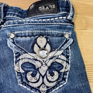 Grace In LA Jean Shorts Low Rise Western Rhinestone Denim Bermuda Y2K Size 14 - Picture 1 of 8