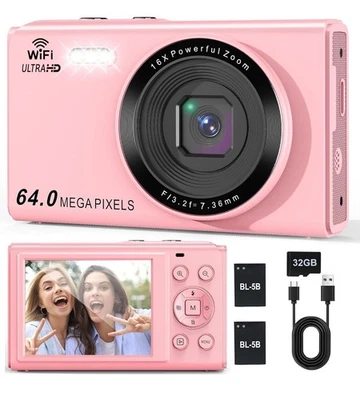 Xzcer Digital Compact Camera 4K 64MP 2.8" Screen 16X Zoom 32GB Card 2 1200mAh - Image 1 of 4