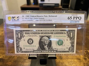 $1 1969 Federal Reserve Note Low Serial Fancy E00000018A PCGS Graded 65 PPQ Gem - Picture 1 of 2