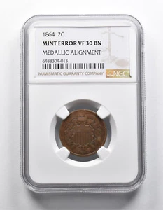 Mint Error VF30 BN 1864 Union Shield Two-Cent Piece Medallic Alignment NGC *1950 - Picture 1 of 3