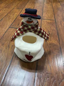 I Love Snowmen Tissue Box Cover Fabric White With Scarf Embrodered - Picture 1 of 7