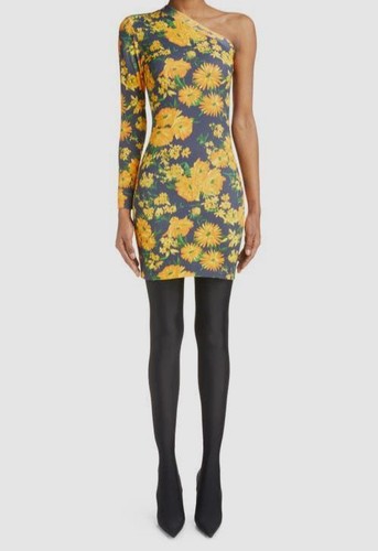 Minidress Balenciaga donna blu floreale a una spalla elastica cotone taglia XS