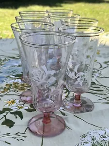 Vtge 60’s Beautiful Pink Wine/Champagne Glasses Rose Design Etched Crystal X 8 - Picture 1 of 3