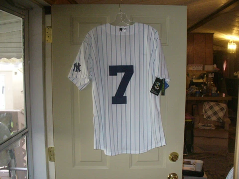 New York Yankees #7 MICKEY MANTLE,White Navy Pinstripe Cool-Fit Poly Button NWT Cover