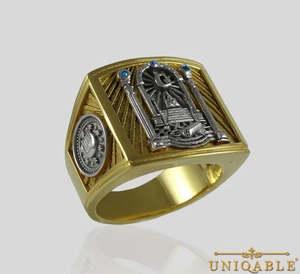 Masonic Ring Sterling Silver .925 Freemason Mason Gold 18K Plated by UNIQABLE - Picture 1 of 12