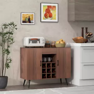 Buffet Sideboard Server Cabinet Mid-Century Modern 9-Bottle Wine Rack Bar Brown - Picture 1 of 12