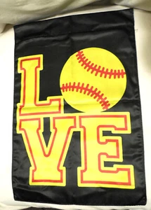 LOVE Softball Double Sided Garden Flag Silky/Poly 18" by 12" Gold yellow Red - Picture 1 of 3