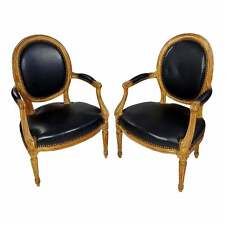 18th century original French Chairs Black leather Upholstered -a Pair 