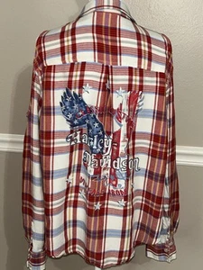 Harley Davidson Womens 1W Shirt Button Collared Red Plaid Eagle Cold Shoulder - Picture 1 of 6