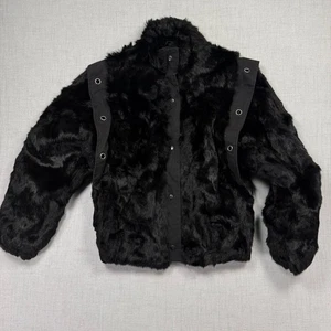 Vintage Faux Fur Jacket Grommet Accent Black Made in Hong Kong Lined Size M - Picture 1 of 12