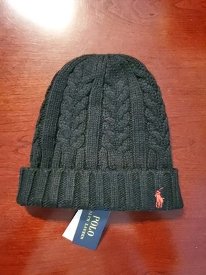 Polo Ralph Lauren Pony Mezcla de Lana Tejido Sombrero Puños Gorro OS NUEVO CON ETIQUETAS Negro Foto 1 de 4