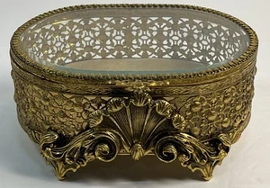 Portagioie ovale vintage Hollywood Regency in ottone filigrana e vetro - Foto 1 di 9