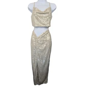 Forever 21 Sequin Ivory Two Piece Outfit Women's Small Top And Skirt Shiny Party - Picture 1 of 16