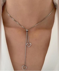 Silver Plated Stainless Steel Double Heart Y Lariat Necklace Minimalist Jewelry - Picture 1 of 2