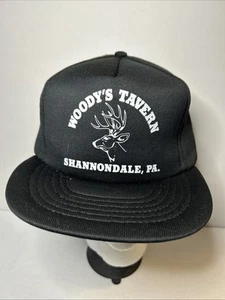 Vtg SnapBack Woody’s Tavern Shannondale PA Black Trucker Hat Cap - Picture 1 of 4