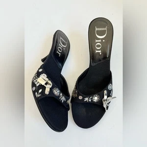 Christian Dior Retro Black Floral Sequin Koi Lock Key low heel Mules Vintage 37 - Picture 1 of 10