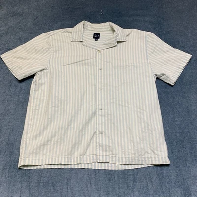 Gap Flannel Shirt Mens Medium White Blue Striped Cotton Resort Wear Camp Collar - Image 1 of 4