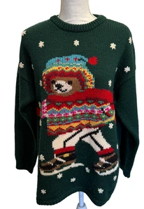 De Colección LizSport Talla Med Patinaje Oso de Peluche Suéter Lana De Gran Tamaño Verde Defecto LEER - Imagen 1 de 8