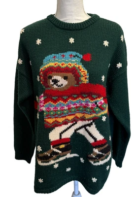 Vtg LizSport Sz Med Skating Teddy Bear Sweater Wool Oversized Green Flaw READ - Image 1 of 4