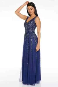 QUIZ Navy Blue Sequins Long Maxi Prom Ball Gown Evening Party Dress Size 10 - Picture 1 of 8
